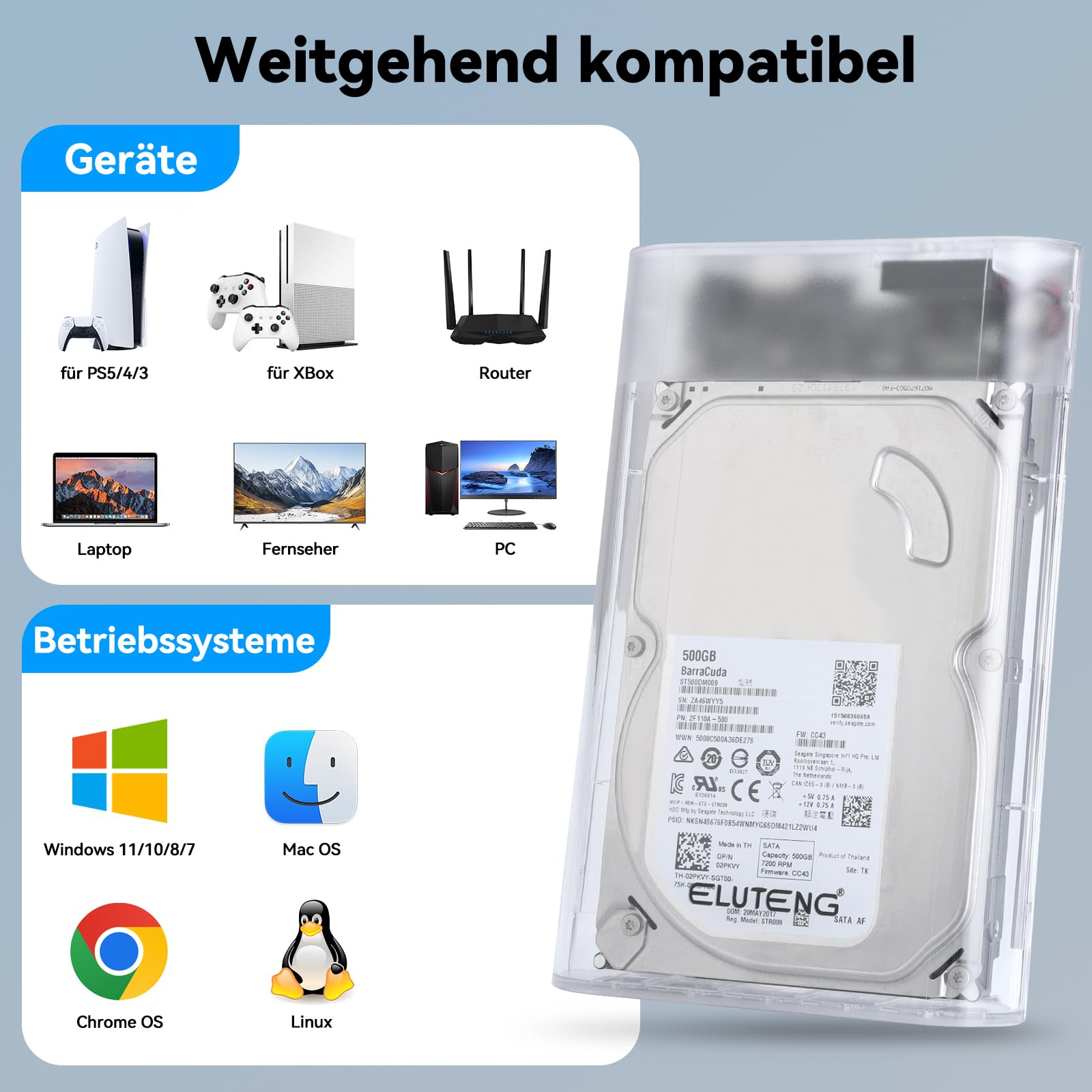 ELUTENG Festplattengehäuse 3,5 Zoll 5Gbit/s USB 3.0 Externes Festplatten Gehäuse für 3,5 2,5 Zoll SATA SSD HDD bis zu 24TB, Externe SSD Gehäuse mit 12V/2A Netzteil, Unterstützung UASP Trim 8