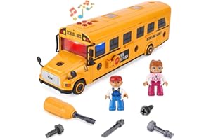 Crelloci Take Apart School Bus Toy, Large DIY Assembly Vehicle with Screwdriver Handle + 3 Bits, Lights & Sounds, Inertia Powered, Openable Doors, Includes 2 Student Figures – Gift for Kids Ages 3+