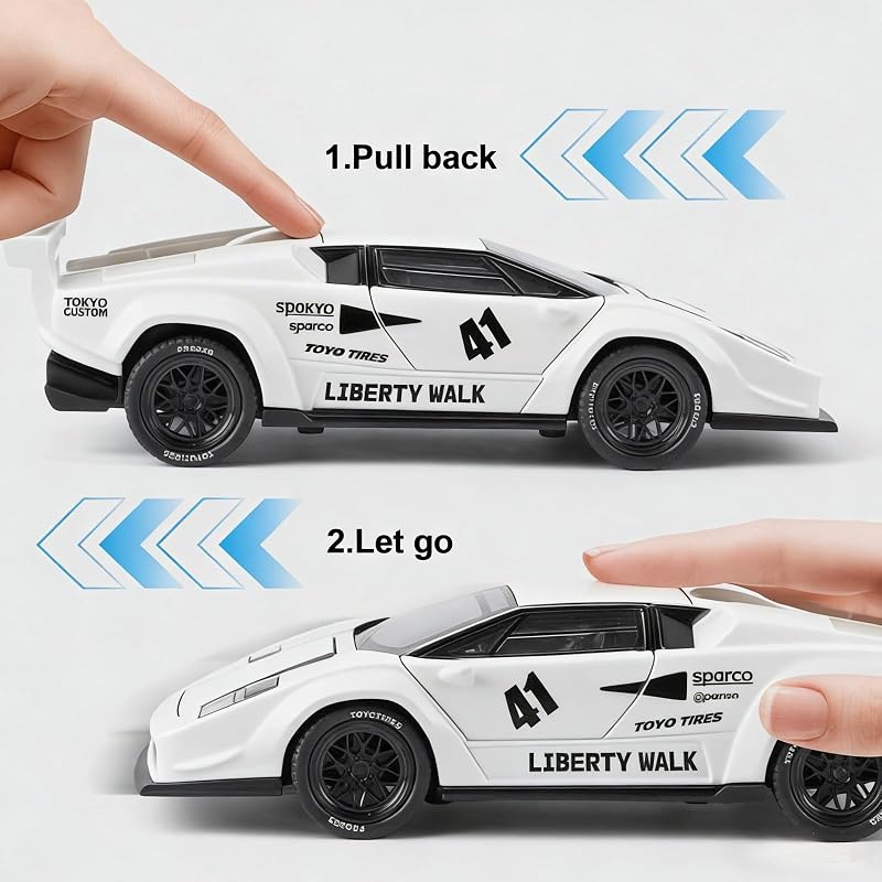 Modelo de Carro Lamborghini LBWK Countach 1/32, Veículos de Retirada de Liga de Zinco Modelo de Carro com Som e Luz para Colecionadores e Crianças Presente de Aniversário de 3 Anos (Branco)