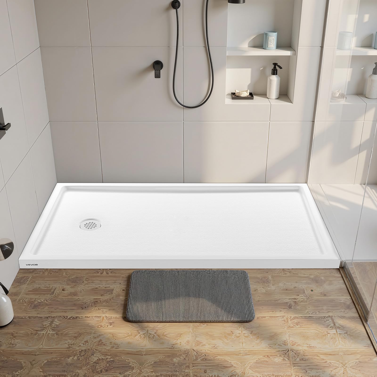 Photo 1 of Shower Pan, 60? L x 36? W Single Threshold Shower Base, Rectangle Acrylic & PVC Showering Base in White, Slip-Resistant Showering Pan Bases with Drain & Cover for Bathroom, Left Drain