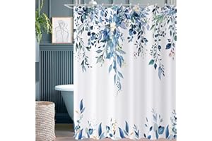Caheansi Blue Eucalyptus Leaves Shower Curtain, Blue and Gold Watercolor Leaves Botanical Plants Bathroom Curtain Waterproof Fabric Machine Washable with Hooks, 72" Wx72 L