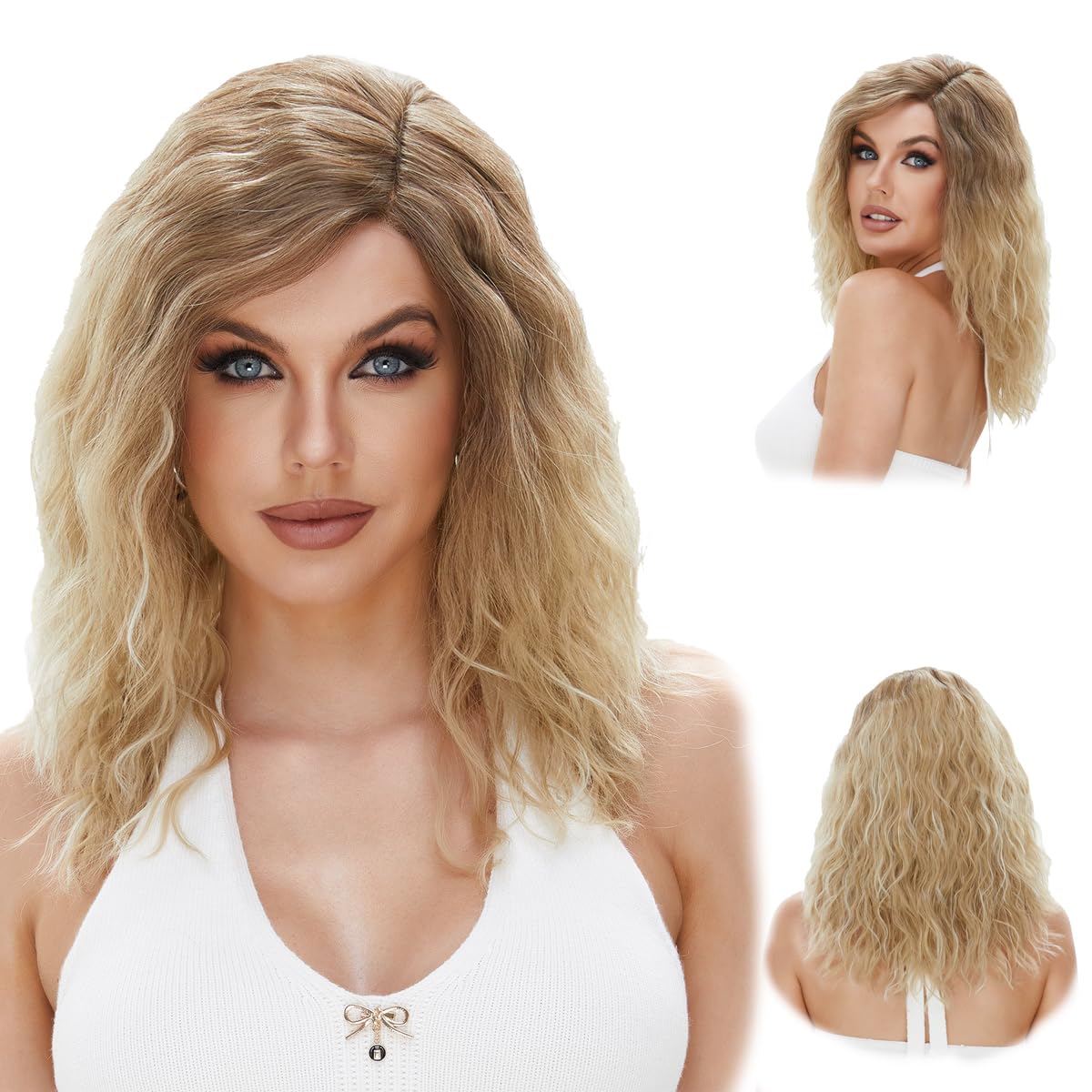 13x4x1 Ombre Blonde Glueless Lace Front Wig Pre Plucked Water Wave Wigs for Women,Blonde Brown Roots Heat Resistant Synthetic Hair Looking Natural for Daily Party
