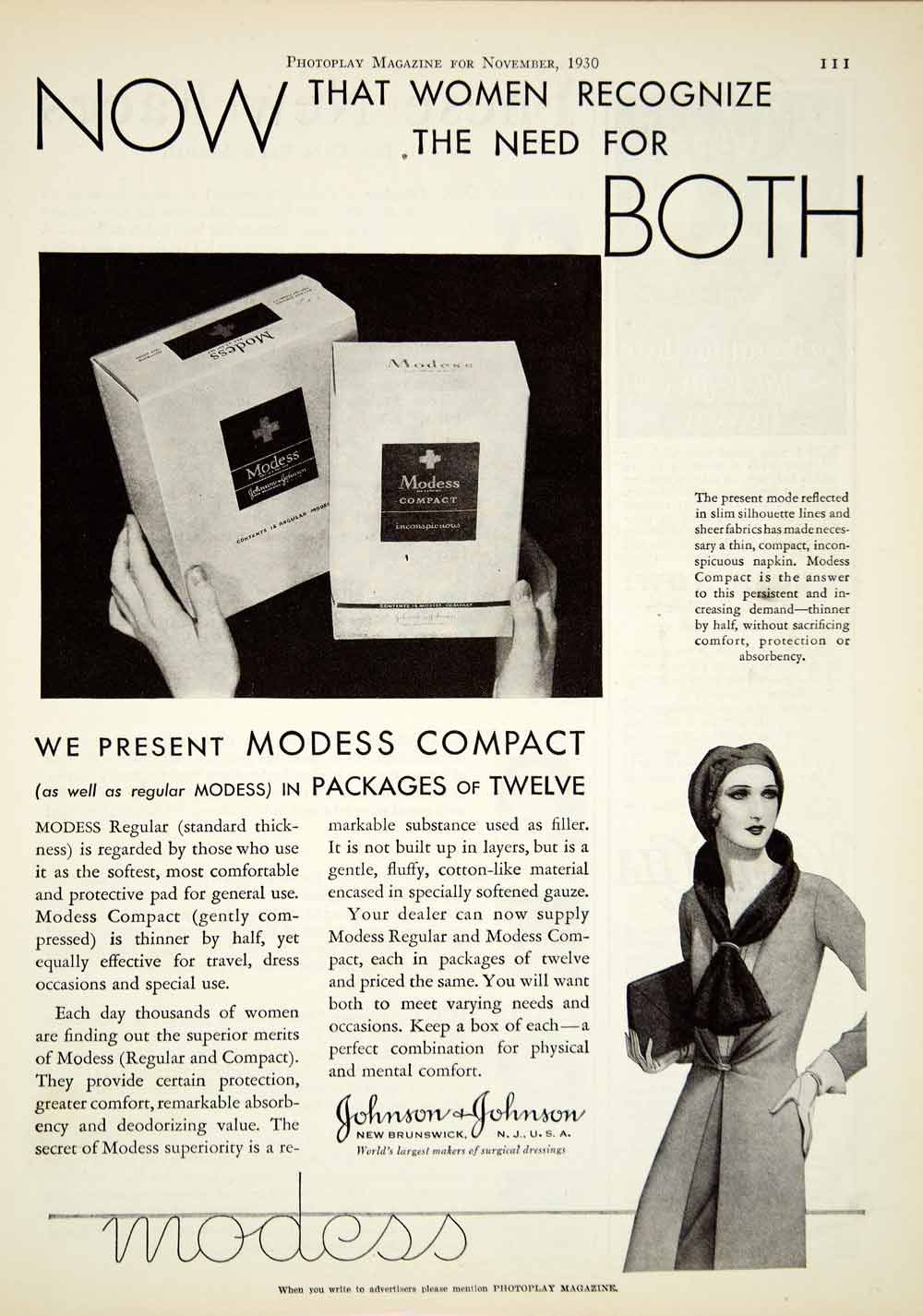 1930 Ad Vintage Modess Compact Sanitary Napkin Pad Box Feminine Hygiene