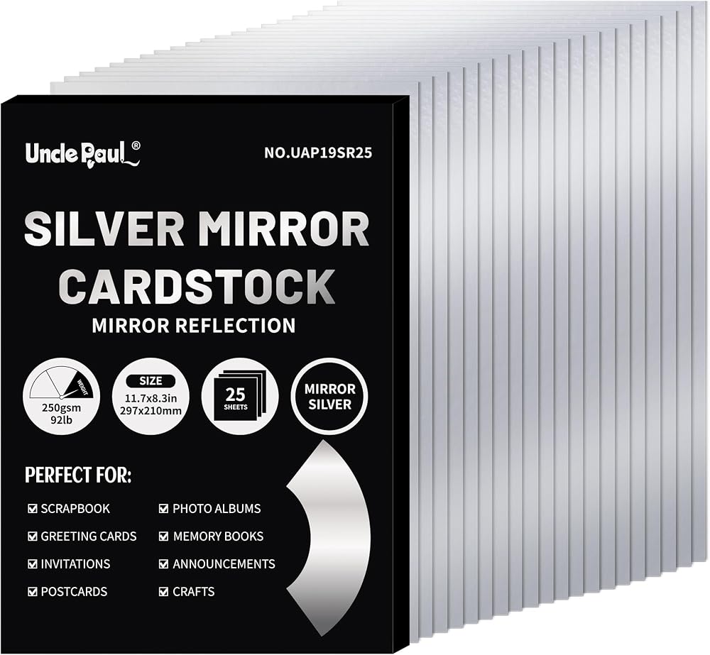 Uncle Paul A4 Silver Mirror Cardstock 25 Sheets 250gsm 92lb Craft Paper