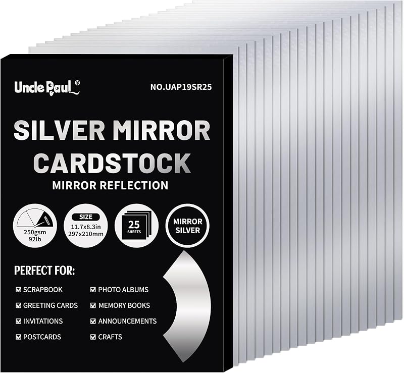 Uncle Paul A4 Silver Mirror Cardstock 25 Sheets 250gsm 92lb Craft Paper