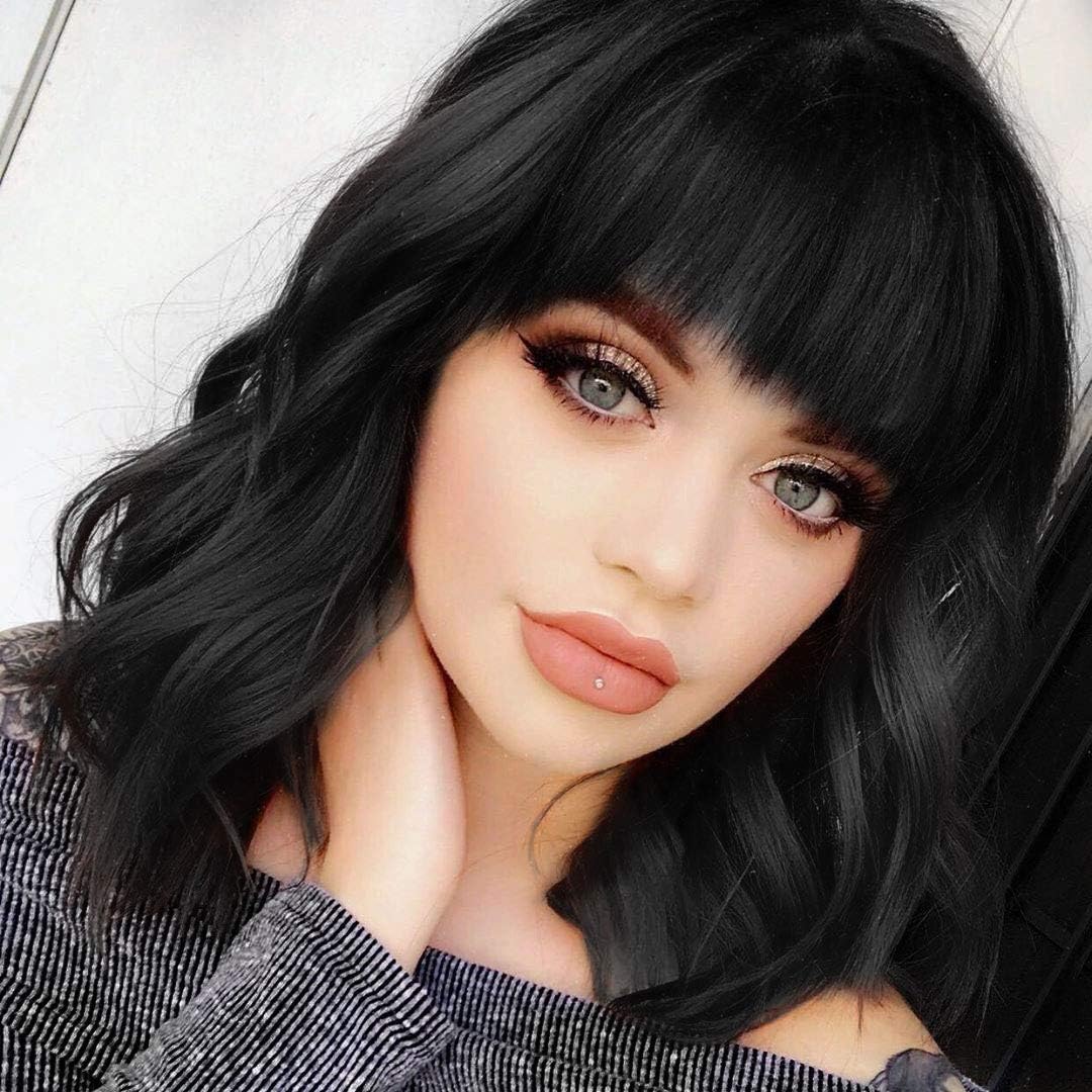 ColorfulPanda 14" Black Wavy Curly Bob Wigs for Women Ladies Natural Looking and Heat Resistant Synthetic Hair Short Wig with Fringe for Daily Cosplay Party