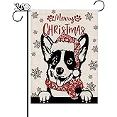 Christmas Garden Flag Hat Corgi Dog with Scarf Xmas Winter Holiday Decorations Burlap Vertical Double Sided Yard Lawn Outdoor Decor 12.5 x 18 Inch