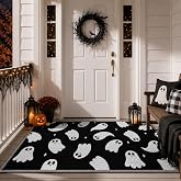 3x5 Ft Halloween Ghost Reversible Plastic Straw Outdoor Rug for Porch | Waterproof Black and White Woven Patio Mat. Spooky Accent for Front Door, Entryway, Deck, Balcony, and Halloween Decor.