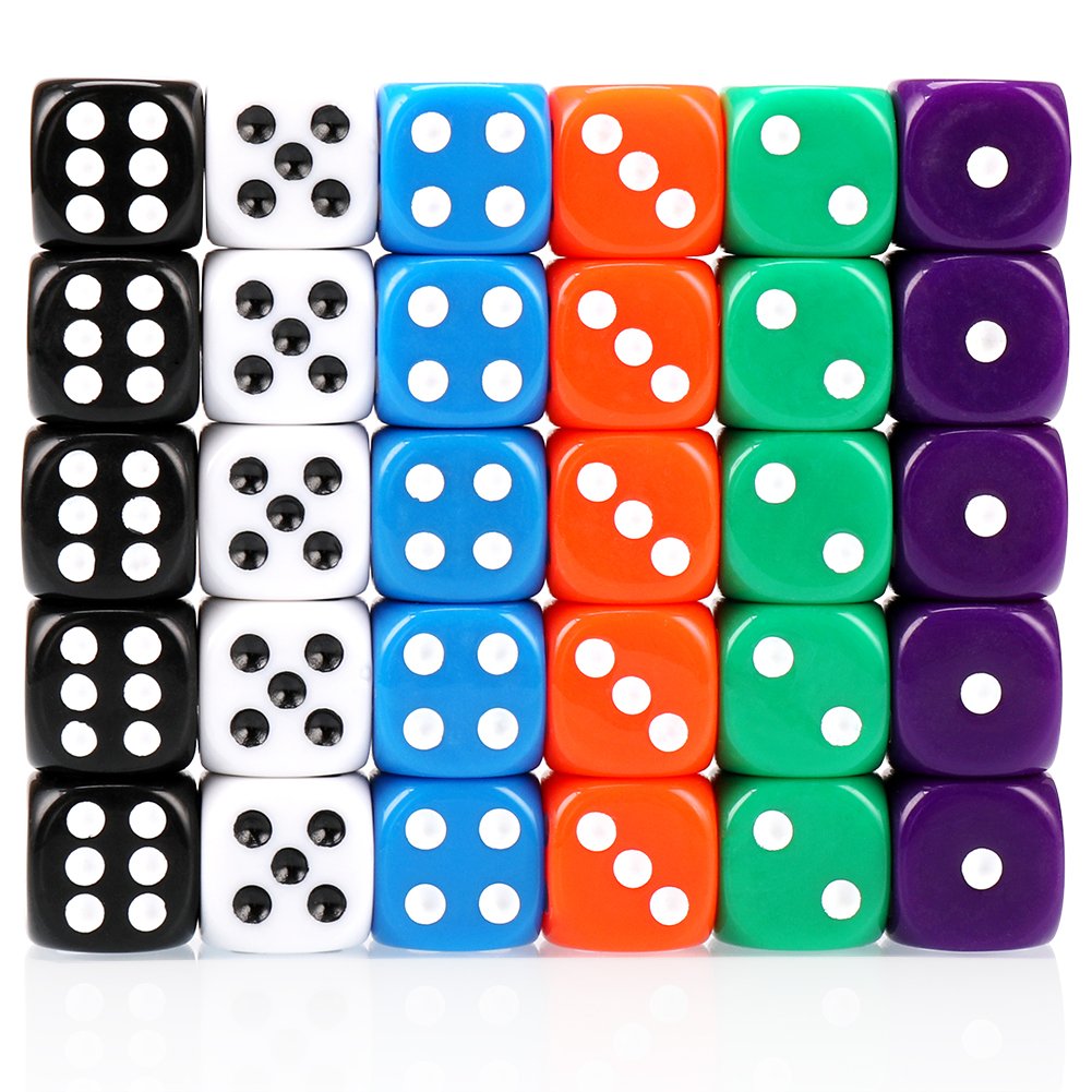 H&S 30x Dice 6 Sided 16mm 6 Colours Spot Dice Set for Dice Games