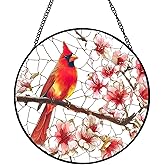 Xuoxeji Stained Glass Style Cardinal Suncatcher, 7.87 Inch (20cm) Round Real Glass Window Hanging with Gift Box and Chain, Bird Decor Gift