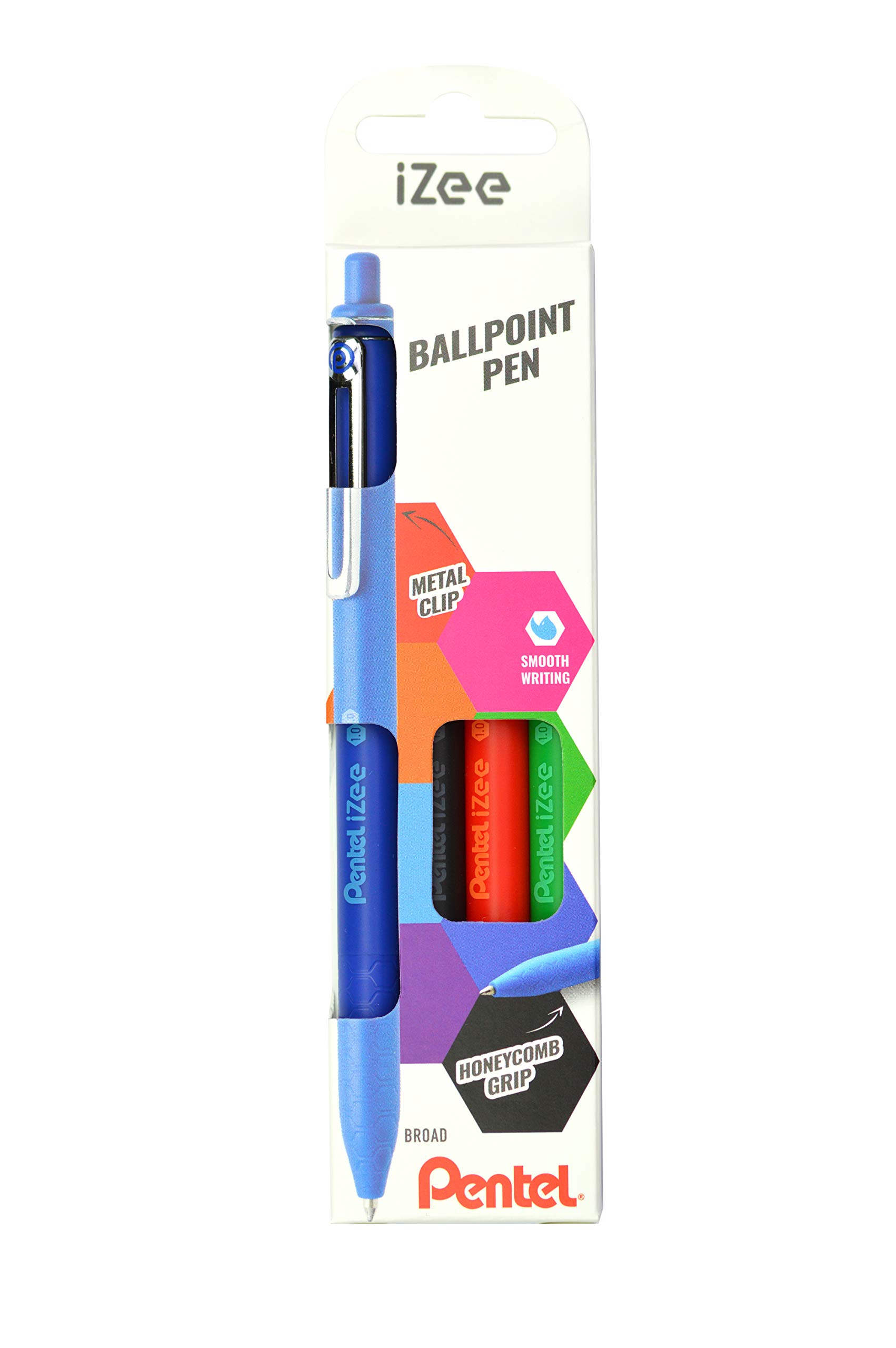 Pentel IZee BX470-4 Ballpoint Pen Retractable Metal Clip 1.0 mm Line Width Set of 4 Black Red Blue Green