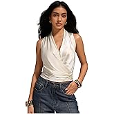 SHENHE Women's Satin Wrap Ruched Tie Side Tank Top Deep V Neck Sleeveless Elegant Blouse