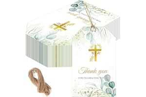 Gold Baptism Thank You Tags 50pcs Cross God Bless Thank You for Celebrating with Us Paper Cards with String for Shower Birthd