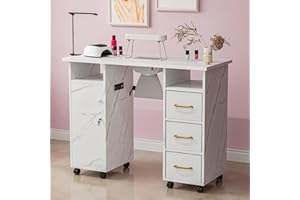 Belandi Manicure Table Nail Station with Charging Station, Marbling Texture Nail Tech Table Nail Table Station w/Dust Collector, Power Outlets, LED Lamp, Non-Woven Drawers & Wrist Cushion(White)