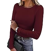 QUALFORT Women's Long Sleeve Shirts Ribbed Knit Tops Slim Fit Crewneck Basic Tee 2026 Casual T-Shirt Going Out Fall Outfits