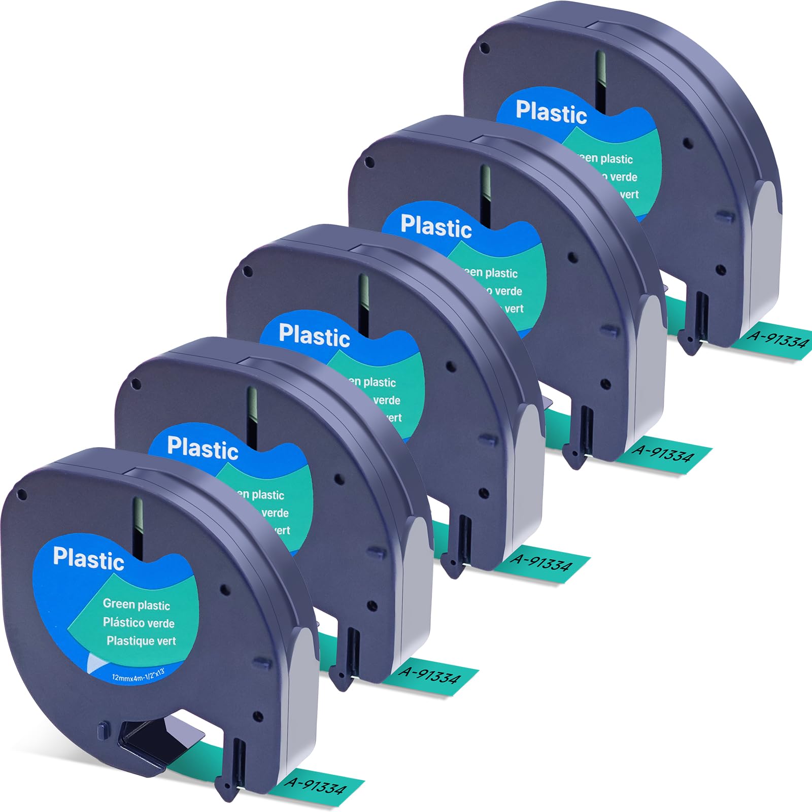 Label Orison 91204 91334 LetraTag Label Tape Plastic Compatible with Dymo Label Maker Refills LT100H LT100T QX50, Black on Green,1/2 Inch X 13Feet(12mmx4m),5Pack