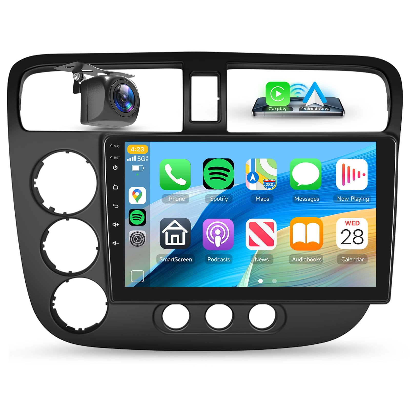 Photo 1 of 8Core4+64G for Honda Civic 2001-2005 Android Car Stereo with Wireless Carplay Android Auto, 9" HD IPS Car Radio GPS WiFi,59UI,32EQ DSP Audio Bluetooth 5.0 SWC Backup Camera for Honda Civic 2004 Radio