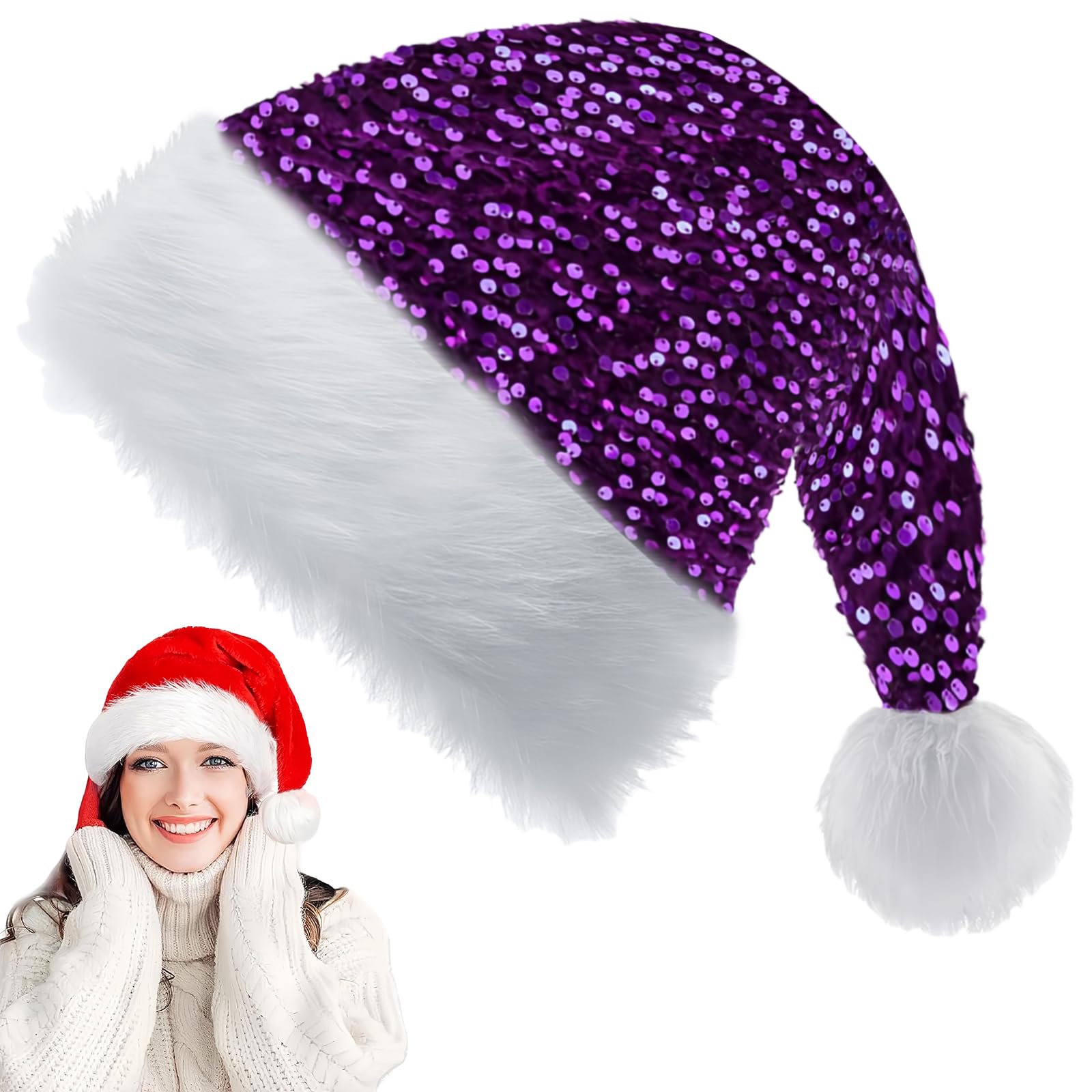 Purple Sequin Santa Hat Christmas Hat for Kids,Adults,30*45cm Luxury Xmas Hat Plush Santa Claus Hat,Unisex Christmas Party Hat,Father Christmas Hat Costume Gifts for Women,Men Xmas New Year Party Hat