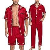 SWOMOG Mens 3pcs Pajamas Set Silk Satin Short Sleeve Sleepwear Button Down Pjs Classic Loungewear Nightwear