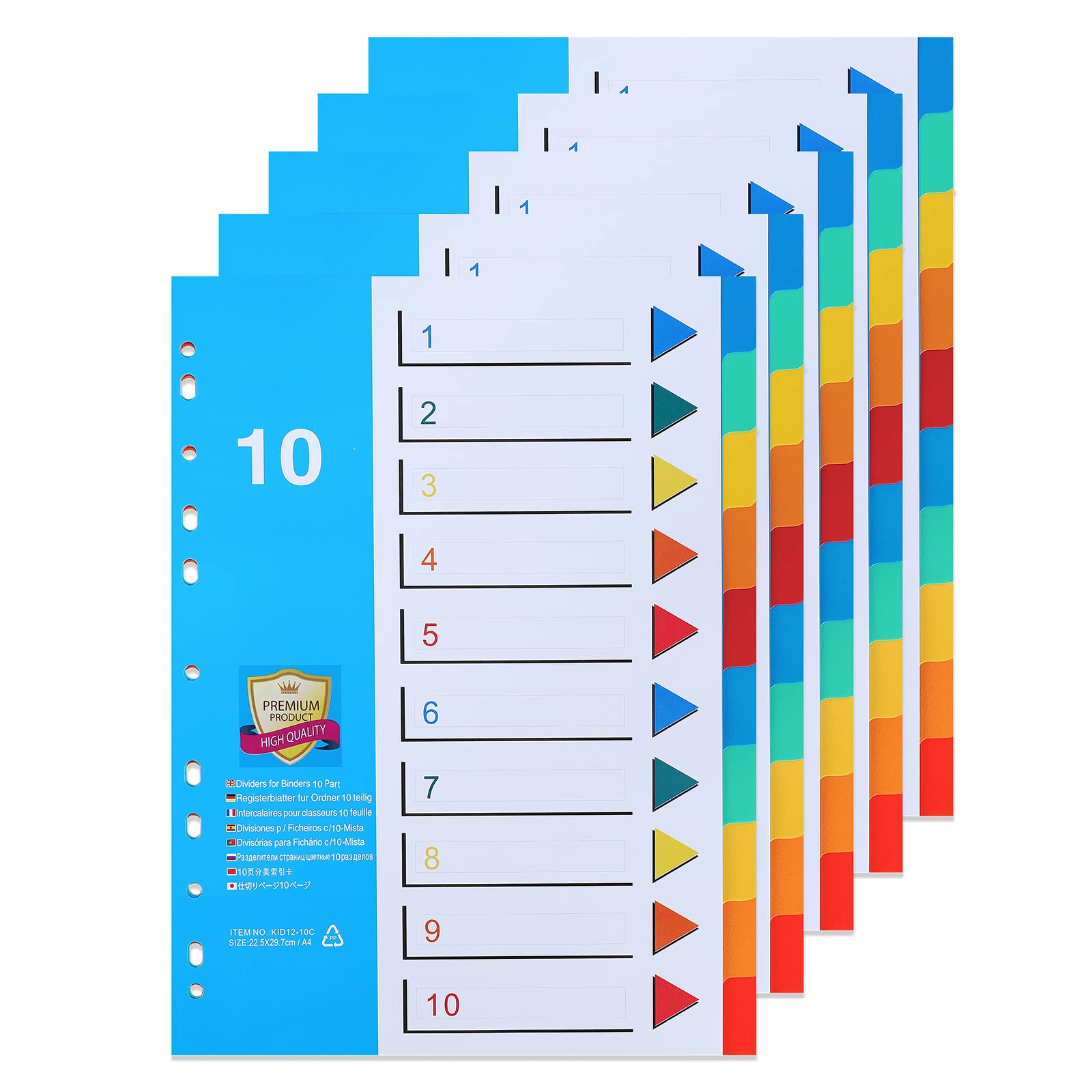 (5 Pack) A4 File Dividers 10 Part Numbered 1-10,Subject Divider with Numbers Multipunched Reinforced Colour Index Tabs for Home Office
