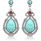 Aliyoham Turquoise Drop Earrings, Silver Boho Dangle Earrings for Women, Western Style Birthstone Hypoallergenic Jewelry Gift