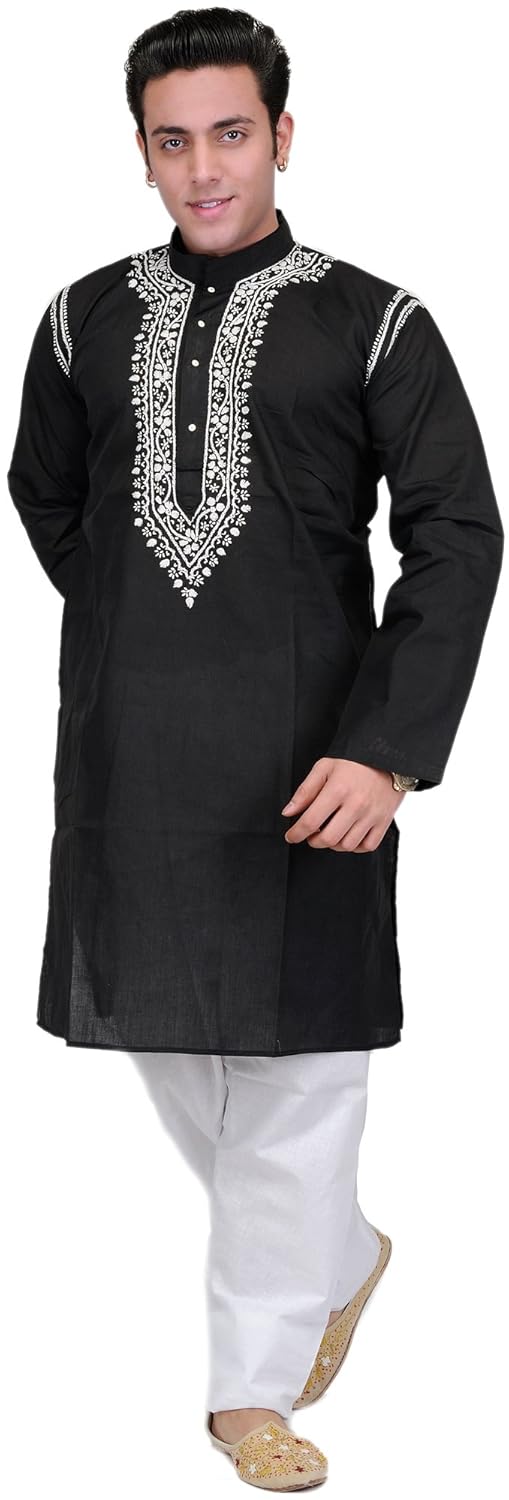 exotic india black kurta pyjama with lucknavi embroidery on neck