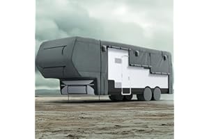 KING BIRD RV Cover, Heavy Duty 5-Layer Snow Protection, Fits 33-37ft 5th Wheel Campers, with Adhesive Repair Patches,Windproof Straps&Tire Covers