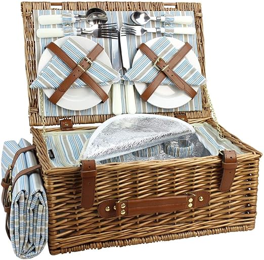 HappyPicnic Wicker Picnic Basket Set for 4 Persons Large Willow