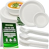250 PCS Eco-Friendly Compostable Plates, Bowls, Forks, Knives and Spoons Set, 50 Sets of Each– 100% Biodegradable Set for Parties, Events, Camping & Everyday Use, BPI Certified & PFAS free