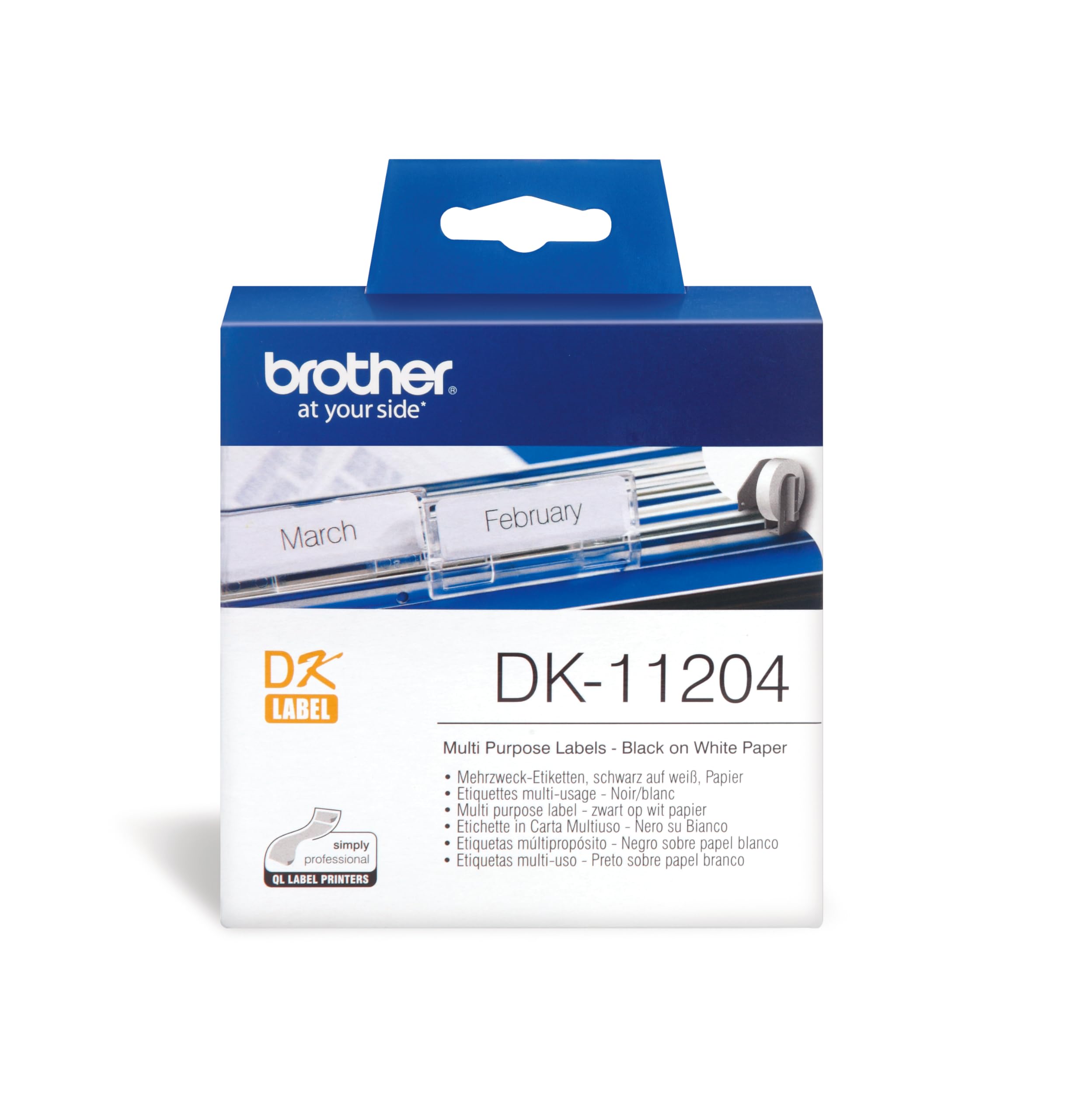 Brother DK-11204 Label Roll, Multi Purpose Labels, Black on White, 400 Labels, 17 mm (W) x 54 mm (L), Brother Genuine Supplies