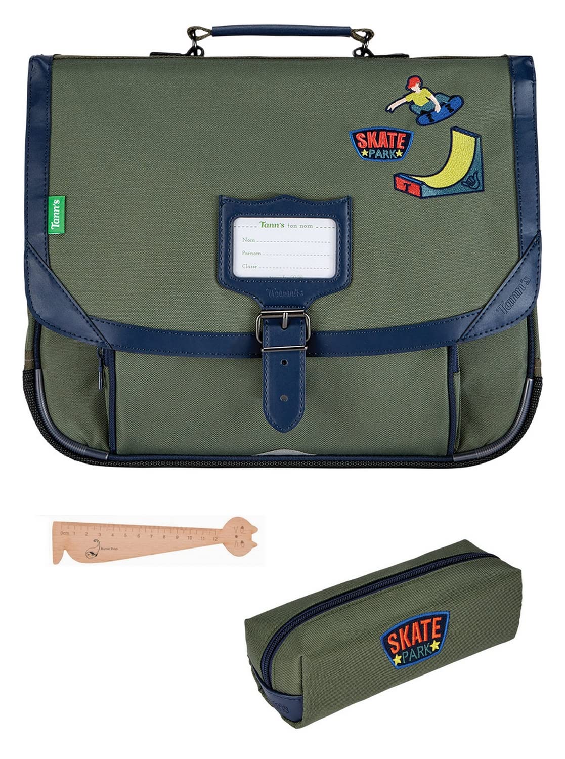 TANN'S Boys' School Bag 38 cm + Assorted Rectangular Pencil Case + Blumie Cat Wooden Bookmark, Tony, 38 cm, Modern