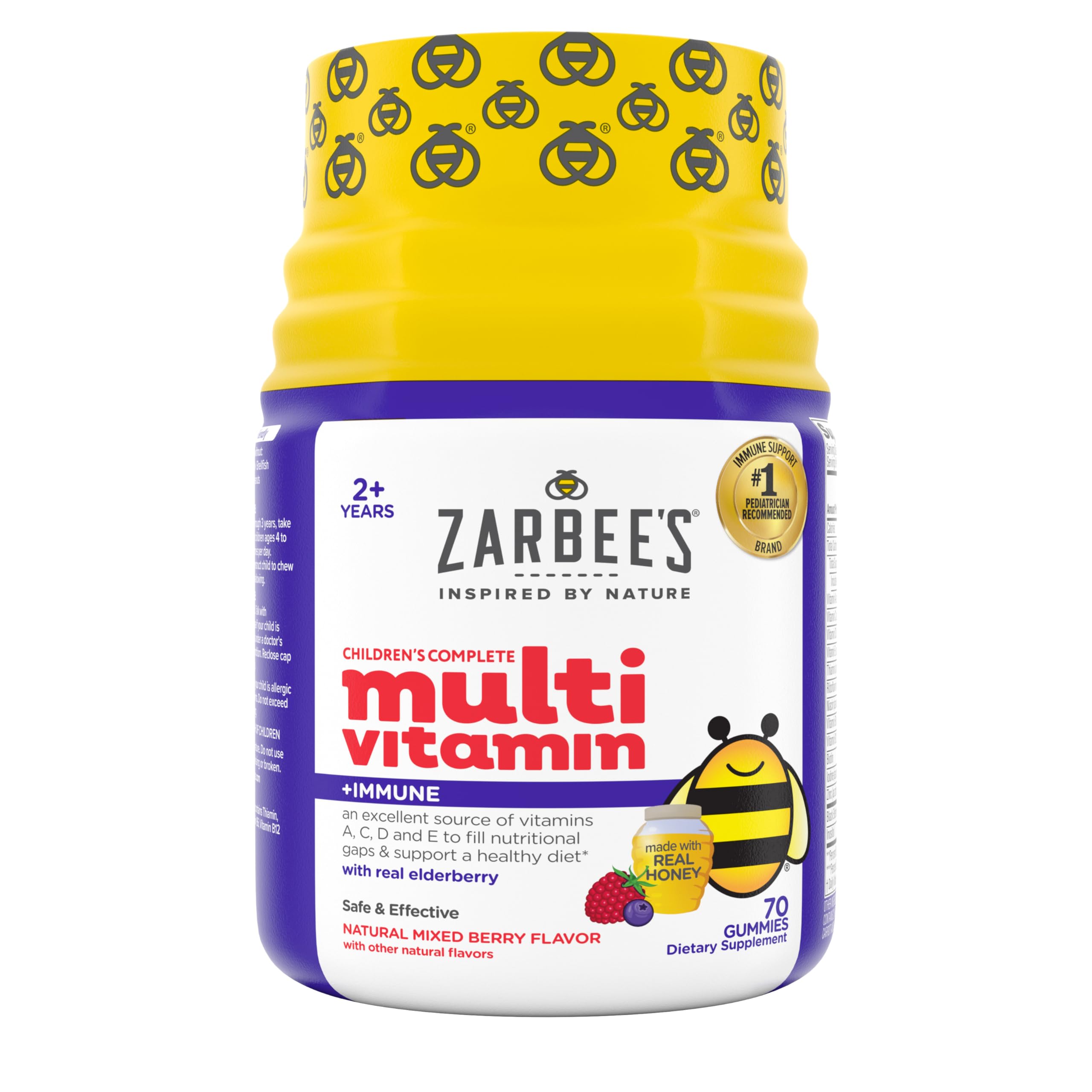 Zarbee’s Complete Kids Multivitamin Gummies + Immune Support, Berry Flavor, Honey-Sweetened, Gluten-Free & Gelatin-Free, Vitamins A, C, D3, E, B6, B12, Folic Acid & B-Complex, 70 Count