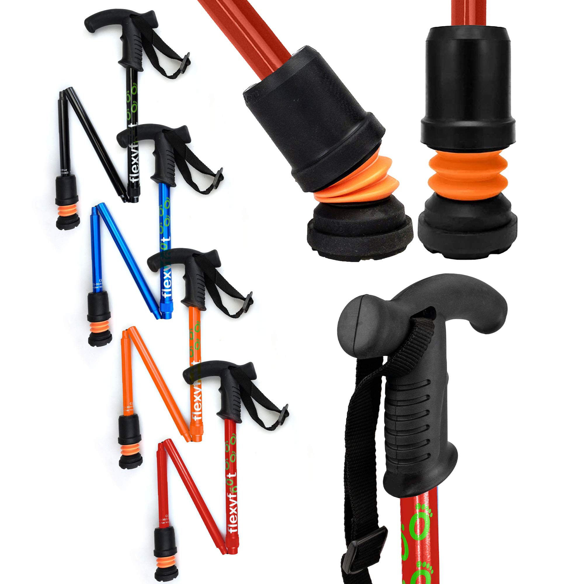 Flexyfoot Shock Absorbing Derby Handle Folding Walking Stick – Choice of Colours Available Here – Improved Comfort, Improved Grip, Improved Safety – Colour: Red