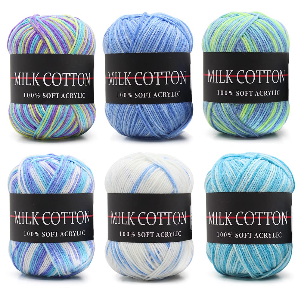 Crochet Knitting Yarn - 6 × 50g Multi-Colored Cotton Yarn, Assorted Colors for Knitting Double Knitting Acrylic Yarn for Hand Knitting Yarn Weaving Yarn Crochet Thread (Blue)
