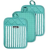 Alselo Silicone Pot Holders Set of 3 Heat Resistant & Non Slip Potholders, Professional Oven Hot Pads with Pockets Mitts for Kitchen Cooking Baking Barbecue