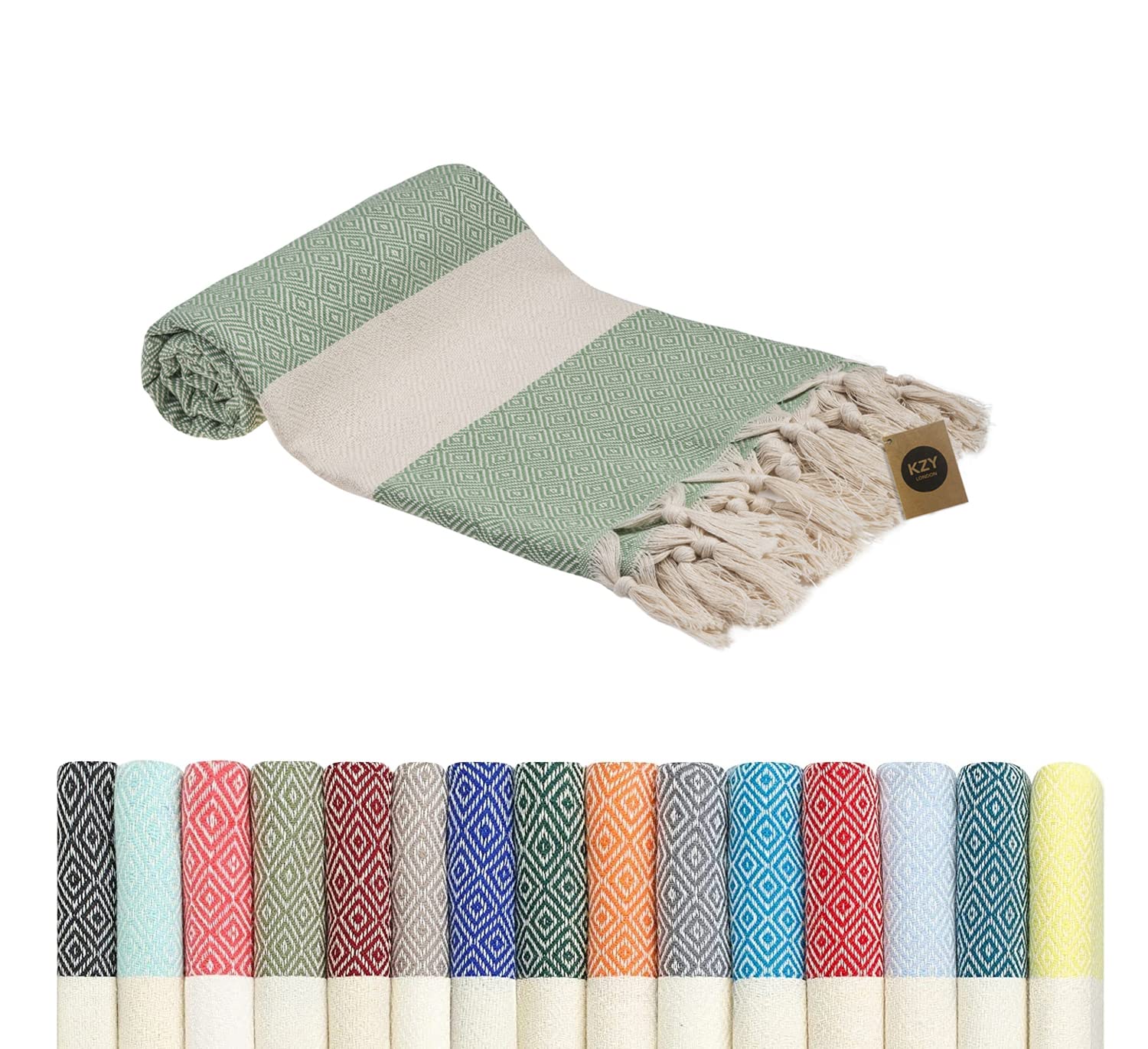 KZY LONDON Beach Towel - Large Turkish Beach Towels for Camping, Swimming, Bath, Gym, Picnic - Quick Dry, Super Absorbent, Lightweight, Compact Cotton Hammam Towels for Adults, Men, Kids (Green, 1)