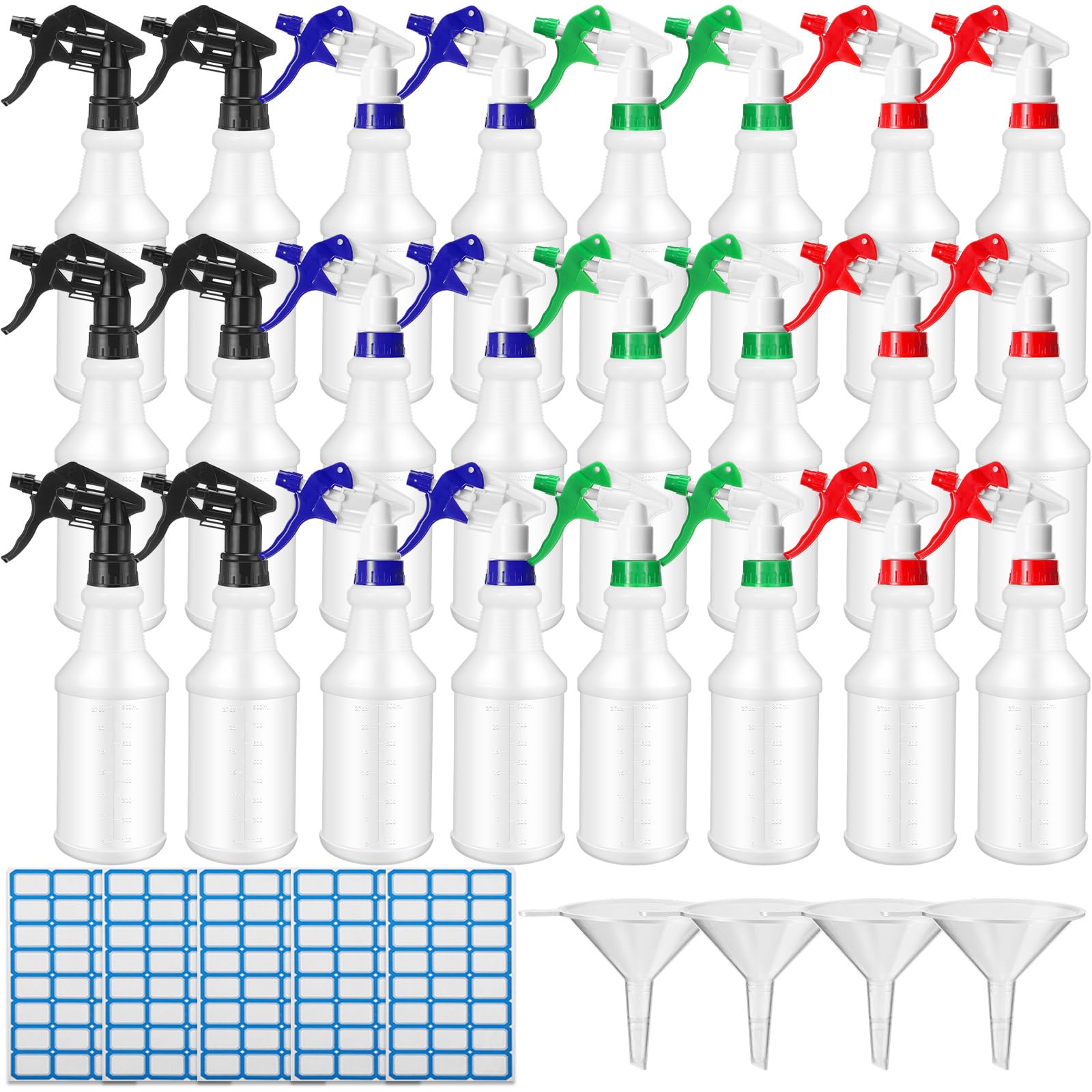Photo 1 of Zubebe 24 Pack 32 oz Plastic Spray Bottle Bulk Empty Leakproof Heavy Duty Spray Bottles for Cleaning Supplies Mist Bottles with Label and Adjustable Nozzle for Plant(Multicolor B,Clear Scale)