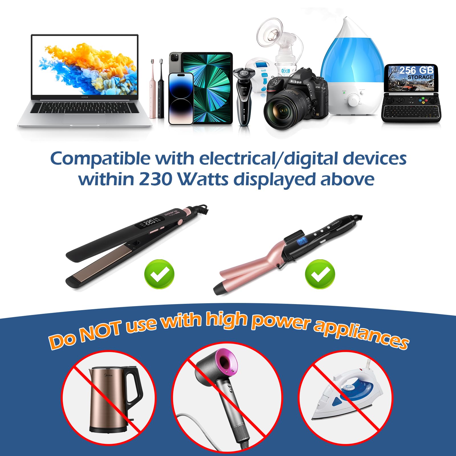 230W Voltage Converter 220V to 110V for Hair Straightener/Curling Iron, Travel Plug Adapter for EU/UK/AU/US/in/IT Power Converter Adapter Combo