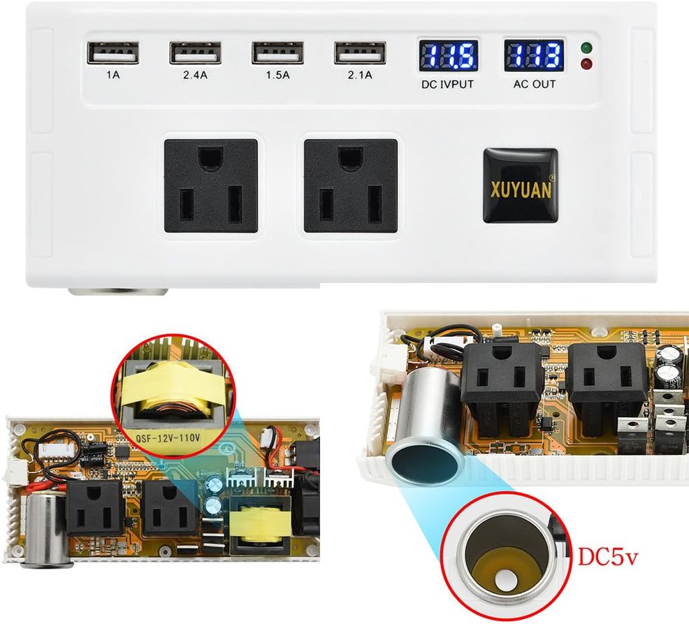 Inverter 200W DC 10-15V To AC 250V Car Converter With 4-Port USB Charging Ports，Two 3-Hole Plugs