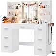 Furmax Vanity Desk with LED Mirror,Power Outlet,7 Drawers Makeup Table | 3 Color Modes LED Lighted Mirror & Built-in Outlet,7