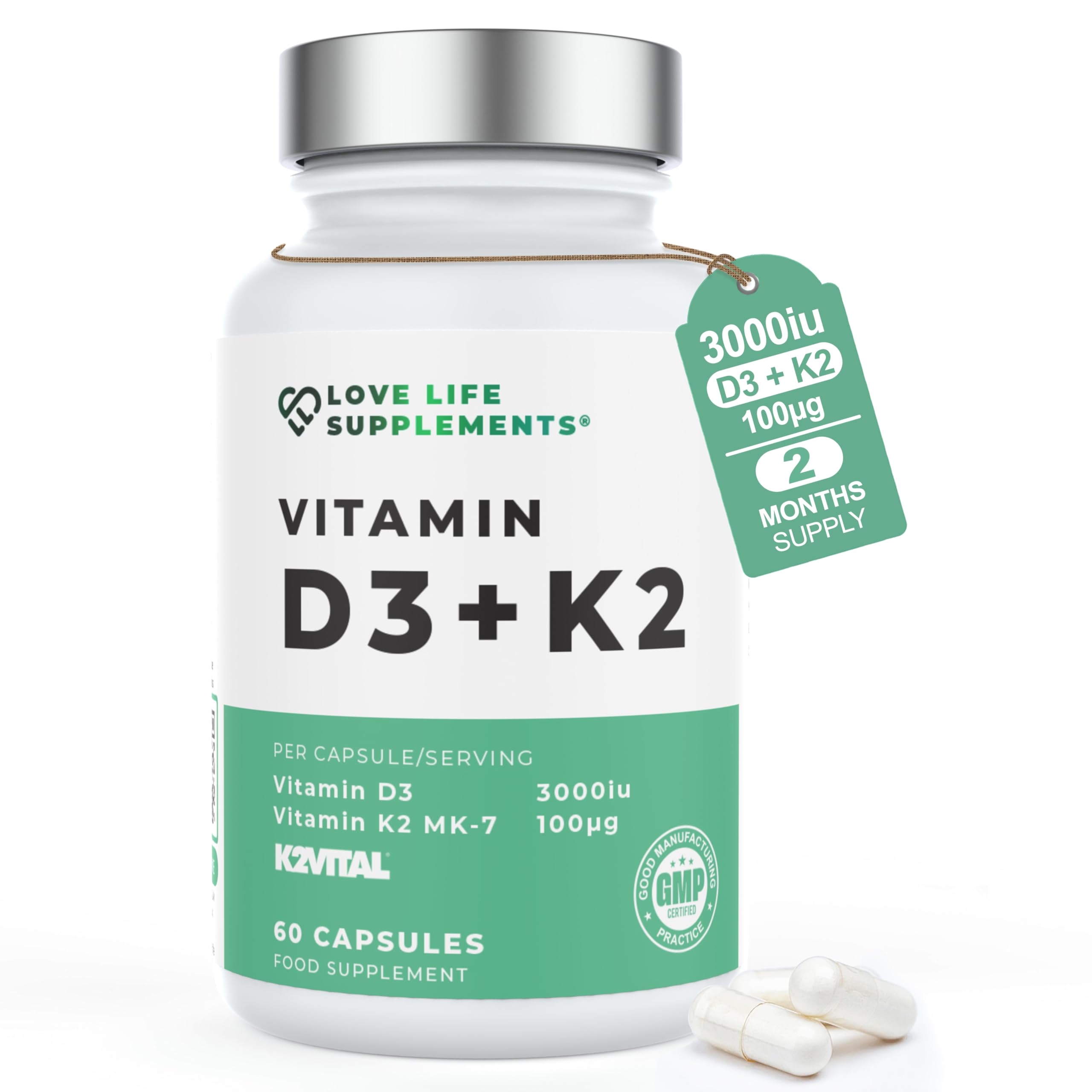 Vitamin D3 K2 and MCT Powder for Superior Absorption | Includes K2VITAL® MK-7 - A Premium Form of K2 | 60 Capsules | 3000iu D3 + 100μg K2 | Love Life Supplements - Premium UK Supplements