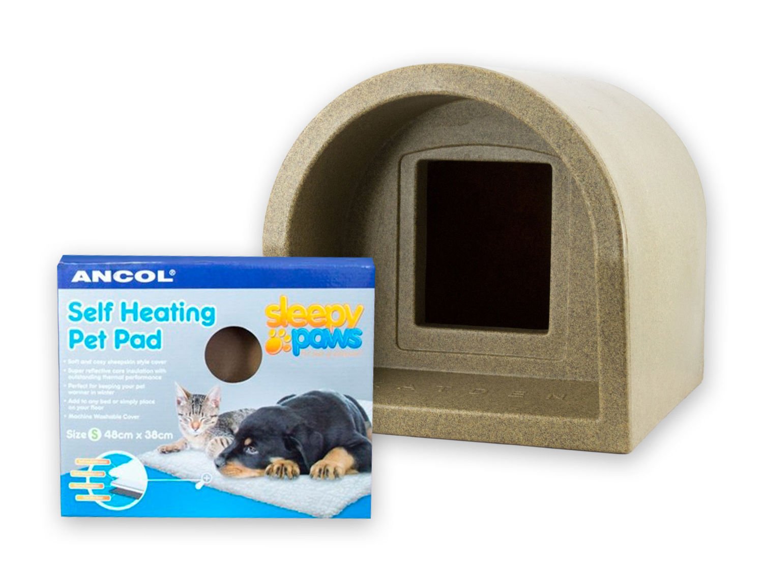 Mr Snugs Plastic Outdoor Cat Kennel & Ancol Self Heating Pet Pad Sand