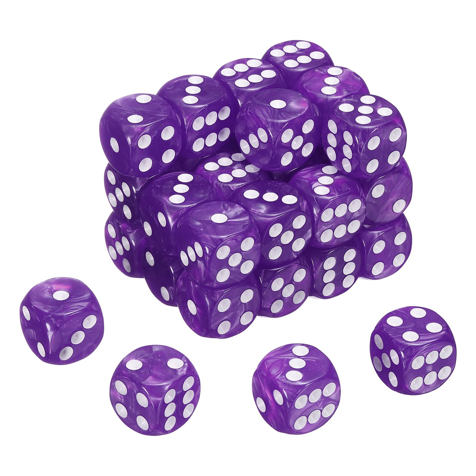 sourcing map 48Pcs 6 Sided Colored Standard Dice, 16mm Acrylic D6 Mini Polyhedral Pearl Pattern Game Dice Set for Table Games, Purple/White Point