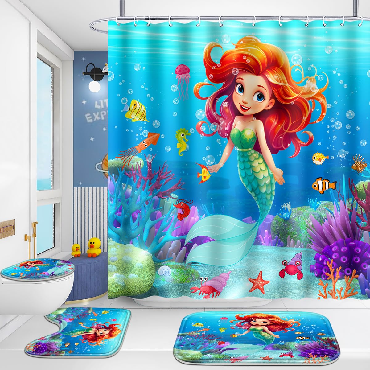 Photo 1 of Poedist 4 Pcs Bathroom Shower Curtain Set,Kid's Bathroom Set,Mermaid Shower Curtain Sets with Rugs(Bath Mat,U Shape and Toilet Lid Cover Mat) and 12 Hooks
