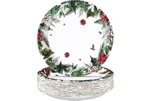 Greencian 50Pcs Christmas Paper Plates 10" Green Leaves Poinsettia Holly Christmas Plates Disposable Seasonal Winter Dessert Platter Dinner Tableware for Xmas Winter Holiday New Year Party Supplies
