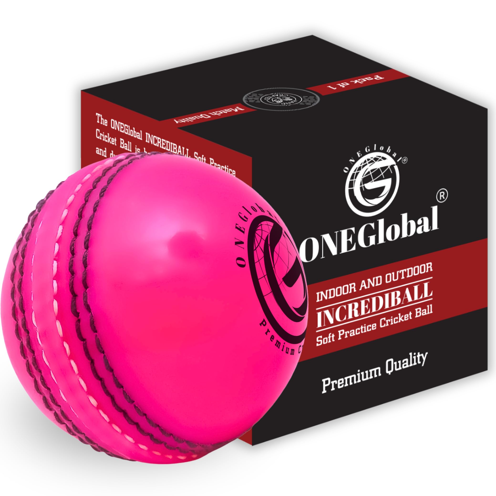 ONEGlobal Incrediball Soft Practice Cricket Ball | Outdoor & Indoor Rubber Cricket Ball With Core & Stitched Seam | For Practice, Training & Family Fun | Senior & Junior Size (1 Pink, Senior)