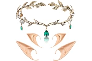 FRESHME Elf Ears with Crown Set, Soft Fairy Ears and Crystal Crown Headband for Women Halloween Cosplay Costume Party