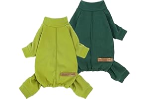Fitwarm 2 Pack Lightweight Fleece Dog Pajamas, Warm Winter Clothes for Small Dogs Boy Girl, Cozy Pet Onesie with Feet, Yellow Green, Dark Green, Medium
