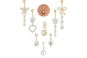 MILACOLATO 8 Pcs Belly Button Ring Dangle Hypoallergenic Surgical Stainless Steel Belly Rings for Women CZ Pearl Heart Butter