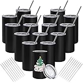 16 Pack Tumblers Blanks Bulk Skinny Straight Tumbler Stainless Steel Double Wall Insulated Water Bottles with Lid & Straw for DIY Gift, 12oz Black